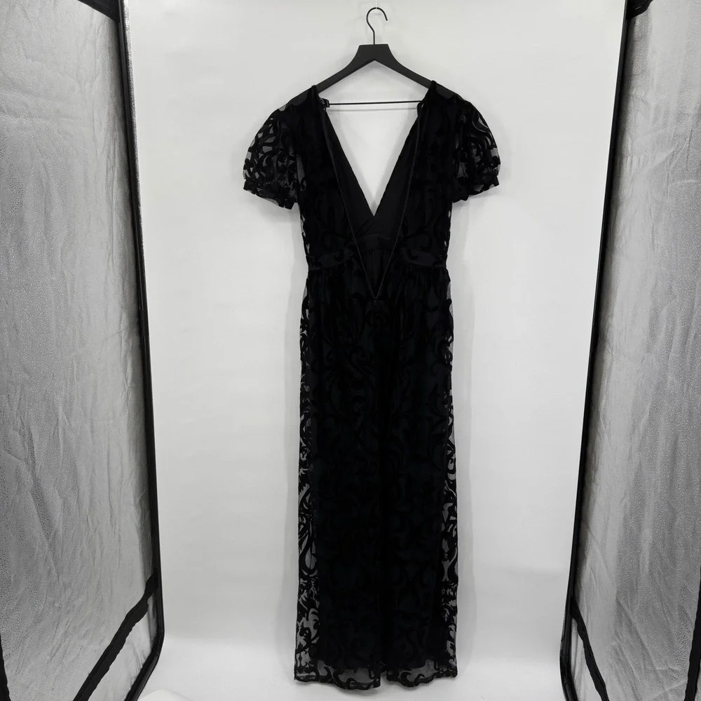 Windsor Black Velvet Burnout Mesh Maxi Dress‎ Short Sleeve V Neck S - Picture 3 of 16